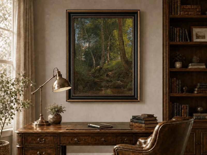 Framed hand-painted birch forest oil painting with a rocky stream displayed above a traditional home office desk.