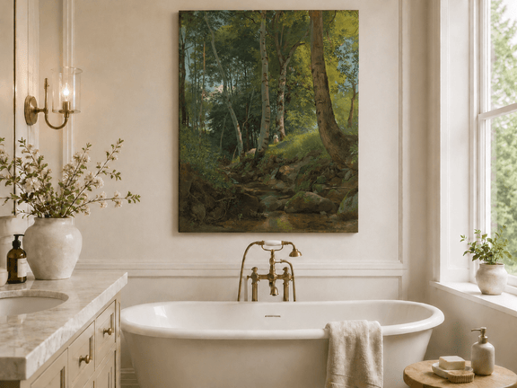Unframed hand-painted birch forest oil painting with a rocky stream displayed above a freestanding bathtub.