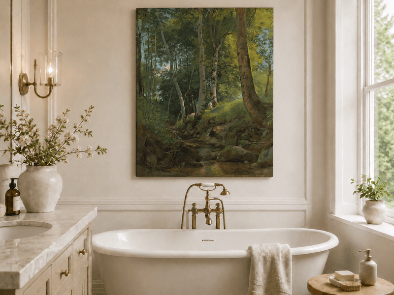 Unframed hand-painted birch forest oil painting with a rocky stream displayed above a freestanding bathtub.