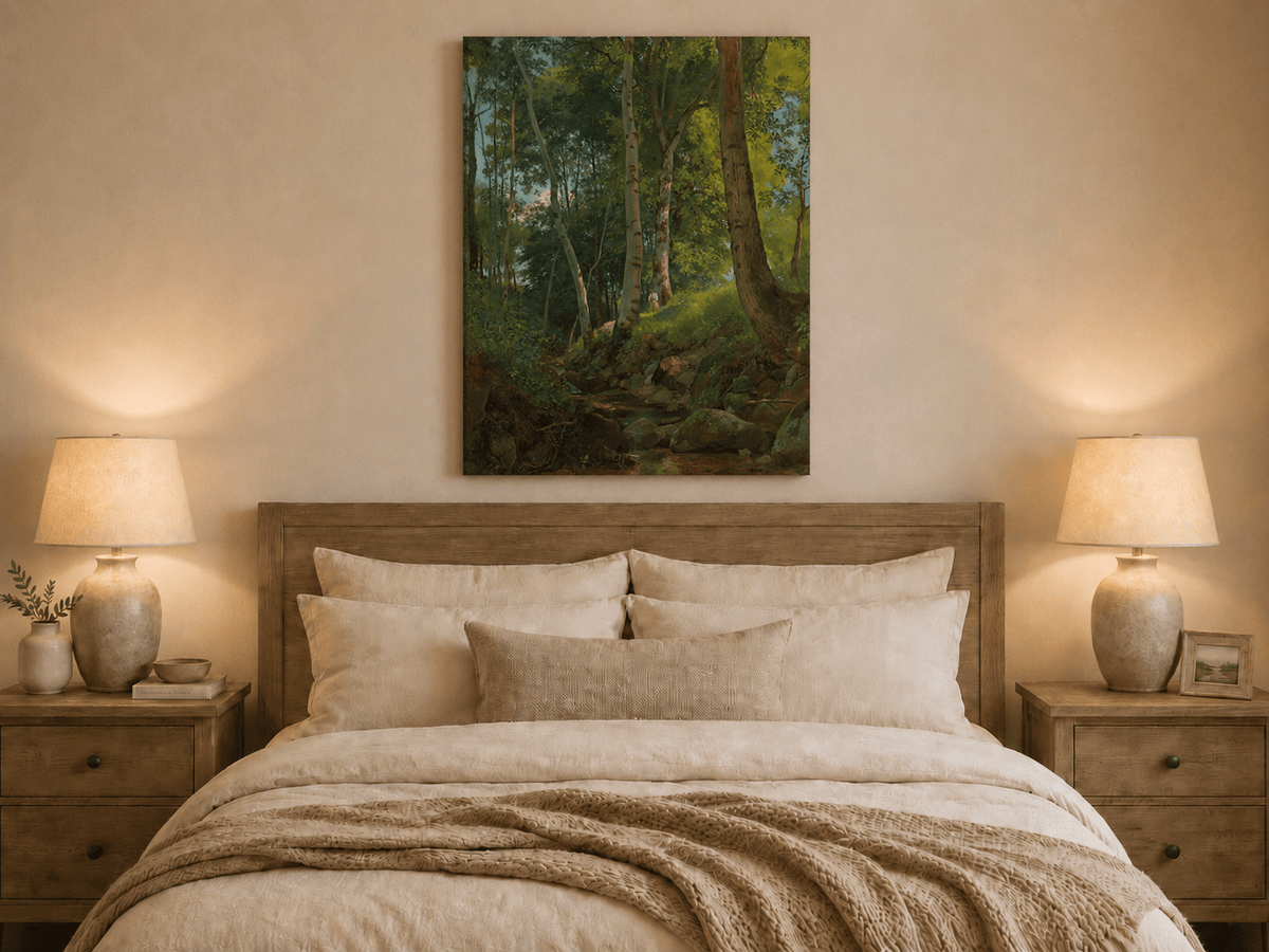 Unframed hand-painted birch forest oil painting with a rocky stream displayed above a wooden bed in a neutral bedroom.