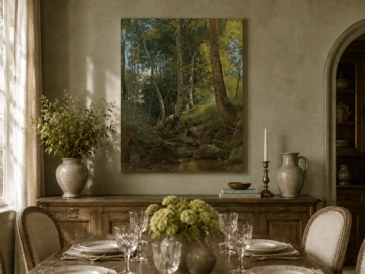 Unframed hand-painted birch forest oil painting with a rocky stream displayed above a formal dining table.