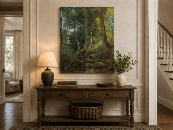 Unframed hand-painted birch forest oil painting with a rocky stream displayed above an entryway console table.