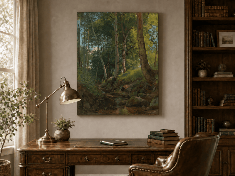 Unframed hand-painted birch forest oil painting with a rocky stream displayed above a traditional home office desk.