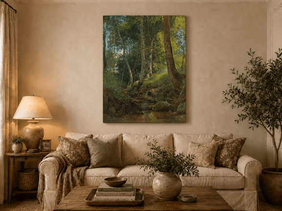 Unframed hand-painted birch forest oil painting with a rocky stream displayed above a neutral living room sofa.