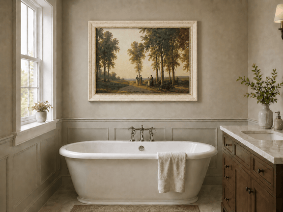 Framed hand-painted birch grove oil painting with elegantly dressed figures on a sunlit path displayed above a freestanding bathtub.