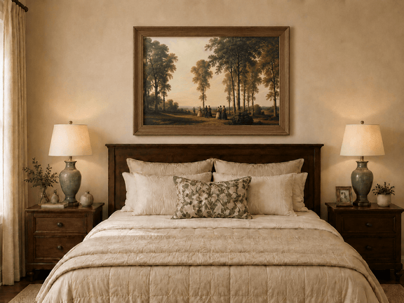 Framed hand-painted birch grove oil painting with elegantly dressed figures on a sunlit path displayed above a wooden bed in a neutral bedroom.