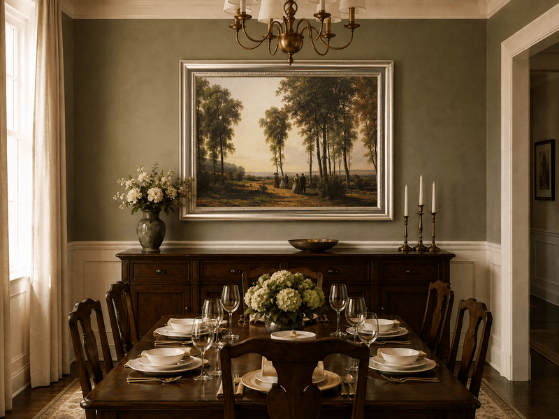 Framed hand-painted birch grove oil painting with elegantly dressed figures on a sunlit path displayed above a formal dining table.