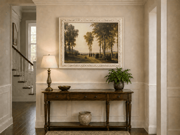 Framed hand-painted birch grove oil painting with elegantly dressed figures on a sunlit path displayed above an entryway console table.