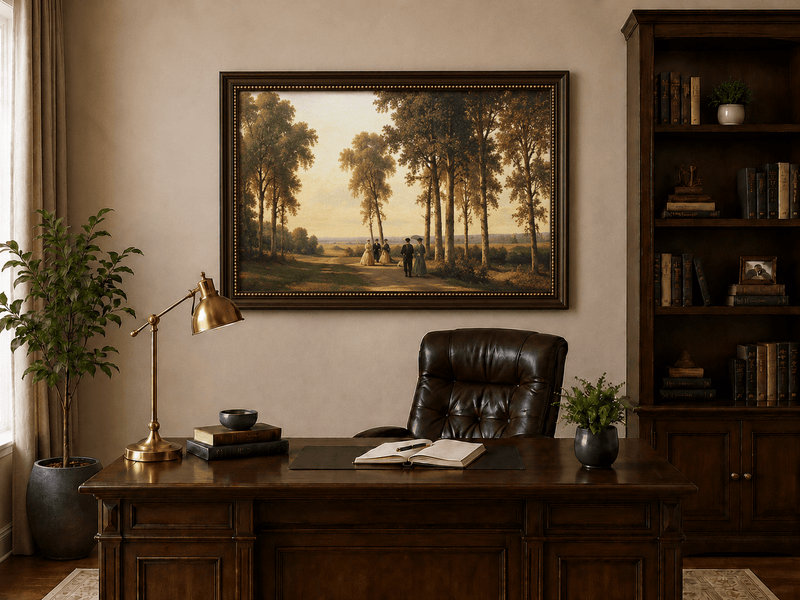 Framed hand-painted birch grove oil painting with elegantly dressed figures on a sunlit path displayed above a traditional home office desk.
