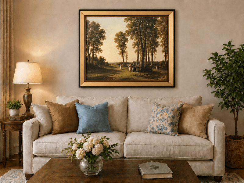 Framed hand-painted birch grove oil painting with elegantly dressed figures on a sunlit path displayed above a neutral living room sofa.