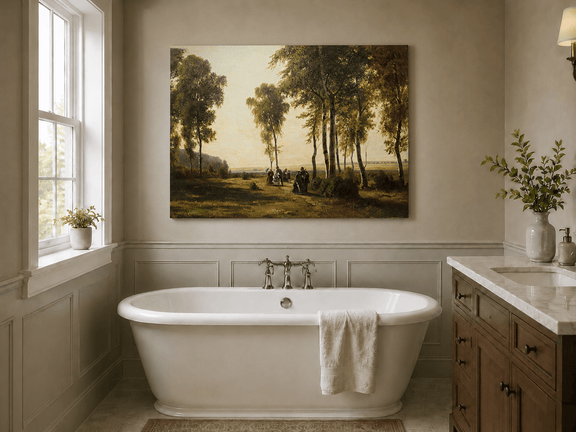 Unframed hand-painted birch grove oil painting with elegantly dressed figures on a sunlit path displayed above a freestanding bathtub.