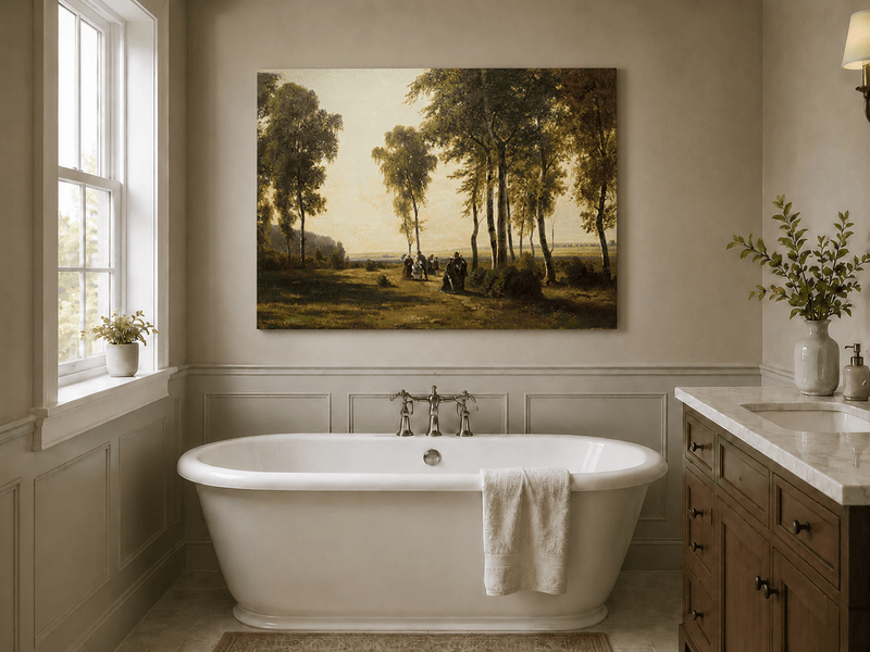 Unframed hand-painted birch grove oil painting with elegantly dressed figures on a sunlit path displayed above a freestanding bathtub.