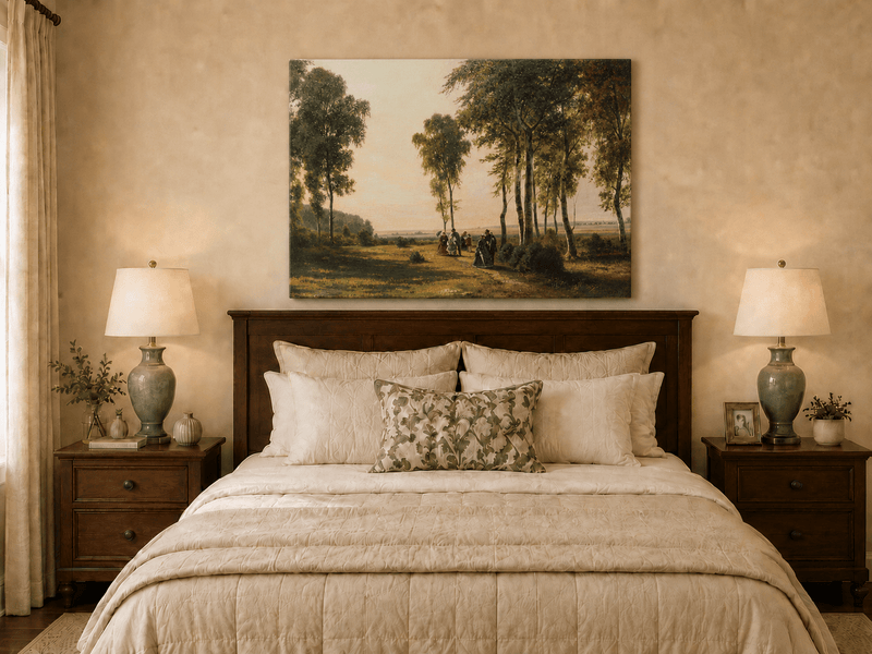 Unframed hand-painted birch grove oil painting with elegantly dressed figures on a sunlit path displayed above a wooden bed in a neutral bedroom.