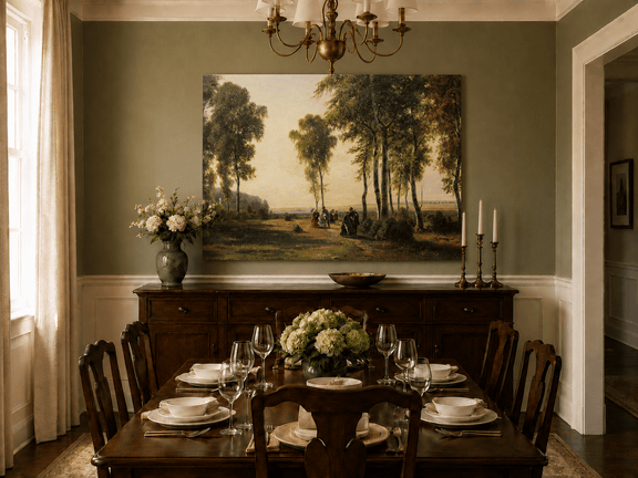 Unframed hand-painted birch grove oil painting with elegantly dressed figures on a sunlit path displayed above a formal dining table.