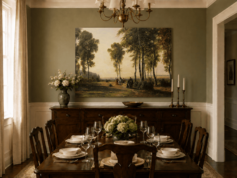 Unframed hand-painted birch grove oil painting with elegantly dressed figures on a sunlit path displayed above a formal dining table.