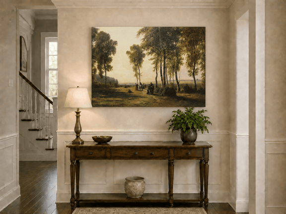 Unframed hand-painted birch grove oil painting with elegantly dressed figures on a sunlit path displayed above an entryway console table.