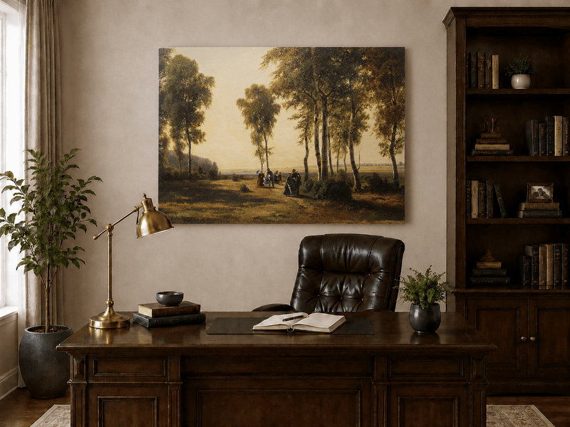 Unframed hand-painted birch grove oil painting with elegantly dressed figures on a sunlit path displayed above a traditional home office desk.
