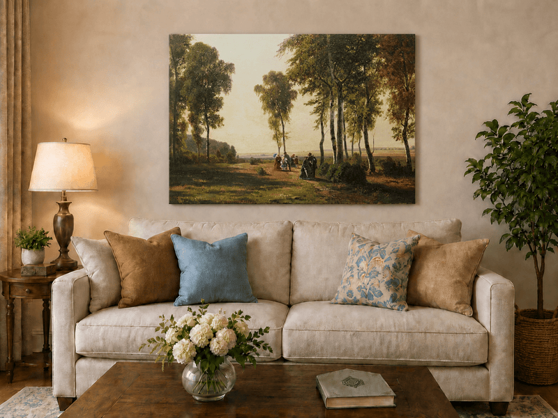 Unframed hand-painted birch grove oil painting with elegantly dressed figures on a sunlit path displayed above a neutral living room sofa.