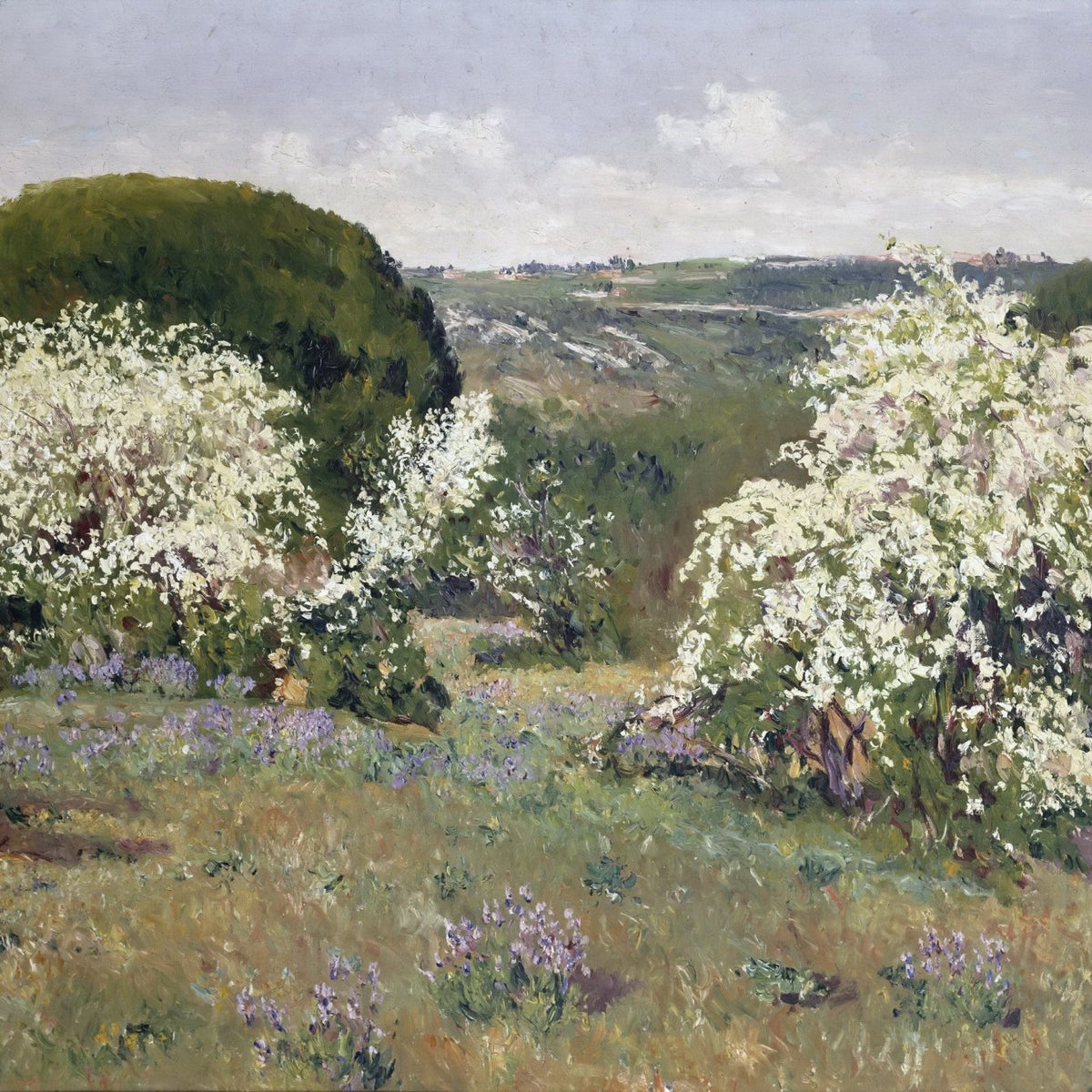 Landscape oil painting with textured brushwork depicting blooming hawthorn trees in a spring meadow, oil on canvas hand. - Add Frame, Canvas, Country, Field, Floral, Forest, Hand Painted, Landscape, Made To Order, Oil Painting