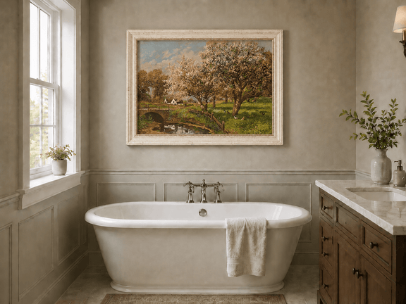 Framed hand-painted blooming orchard oil painting with a stone bridge over a country stream displayed above a freestanding bathtub.