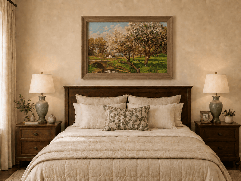 Framed hand-painted blooming orchard oil painting with a stone bridge over a country stream displayed above a wooden bed in a neutral bedroom.