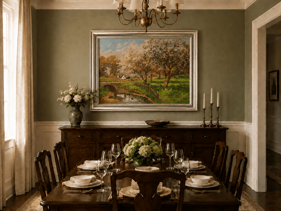 Framed hand-painted blooming orchard oil painting with a stone bridge over a country stream displayed above a formal dining table.
