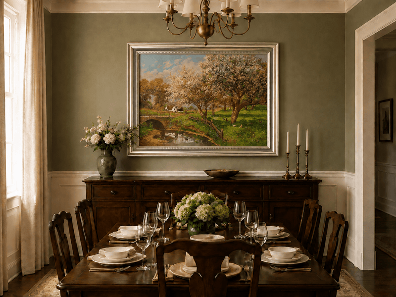 Framed hand-painted blooming orchard oil painting with a stone bridge over a country stream displayed above a formal dining table.
