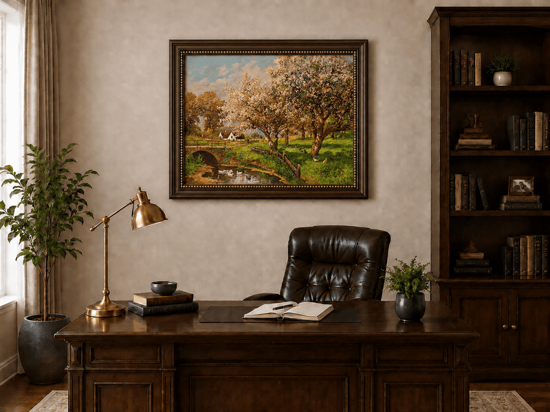 Framed hand-painted blooming orchard oil painting with a stone bridge over a country stream displayed above a traditional home office desk.