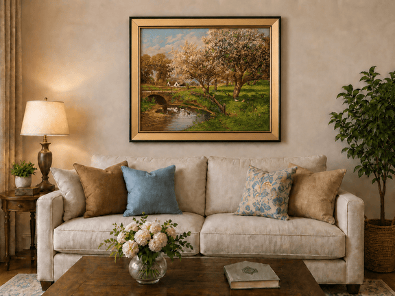 Framed hand-painted blooming orchard oil painting with a stone bridge over a country stream displayed above a neutral living room sofa.