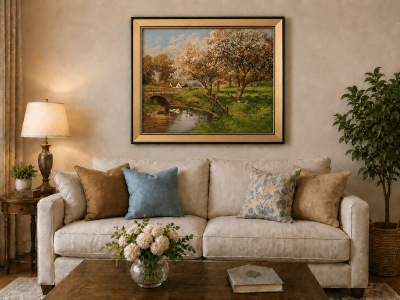 Framed hand-painted blooming orchard oil painting with a stone bridge over a country stream displayed above a neutral living room sofa.