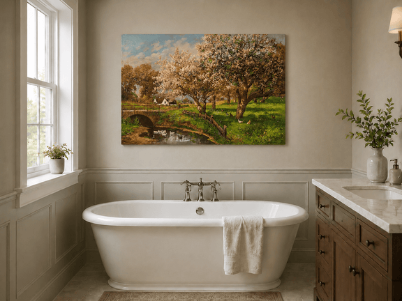 Unframed hand-painted blooming orchard oil painting with a stone bridge over a country stream displayed above a freestanding bathtub.