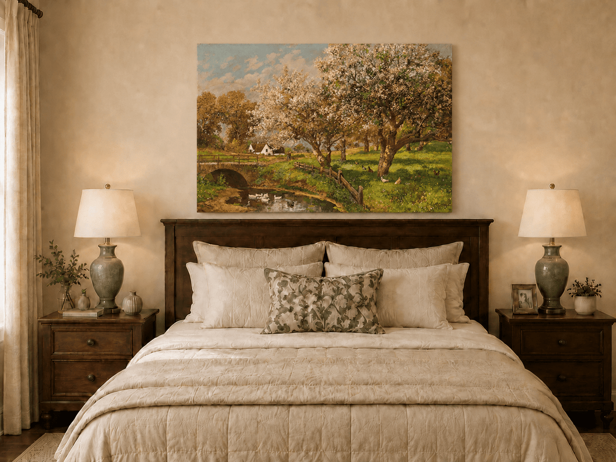 Unframed hand-painted blooming orchard oil painting with a stone bridge over a country stream displayed above a wooden bed in a neutral bedroom.