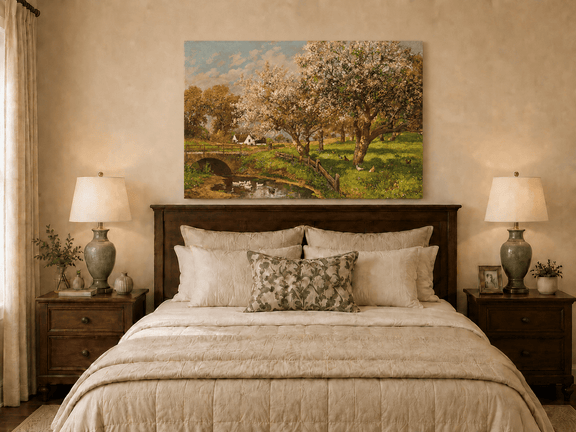 Unframed hand-painted blooming orchard oil painting with a stone bridge over a country stream displayed above a wooden bed in a neutral bedroom.
