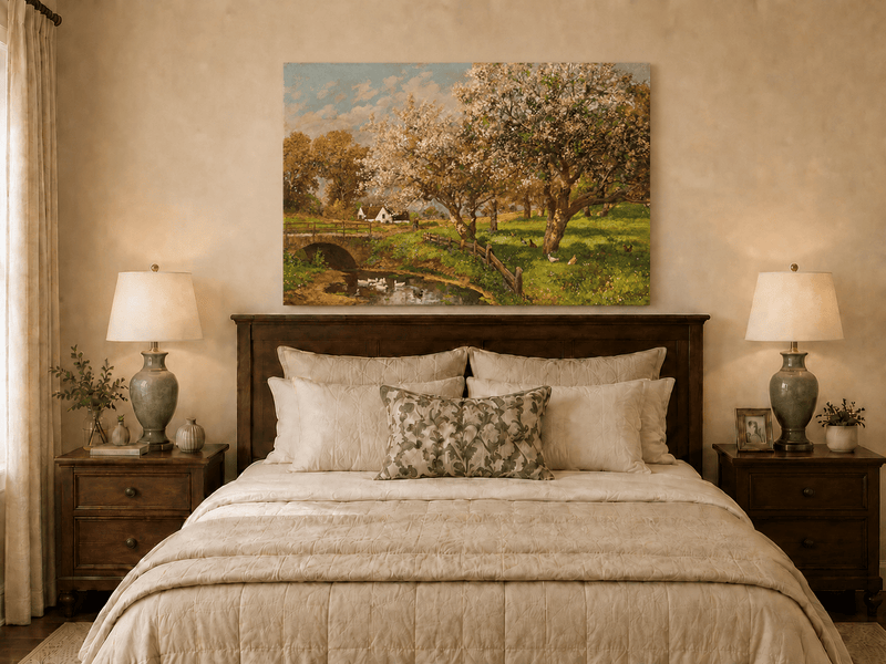 Unframed hand-painted blooming orchard oil painting with a stone bridge over a country stream displayed above a wooden bed in a neutral bedroom.