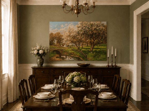 Unframed hand-painted blooming orchard oil painting with a stone bridge over a country stream displayed above a formal dining table.