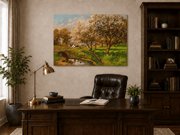 Unframed hand-painted blooming orchard oil painting with a stone bridge over a country stream displayed above a traditional home office desk.