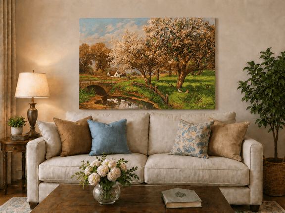 Unframed hand-painted blooming orchard oil painting with a stone bridge over a country stream displayed above a neutral living room sofa.