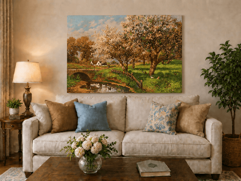 Unframed hand-painted blooming orchard oil painting with a stone bridge over a country stream displayed above a neutral living room sofa.