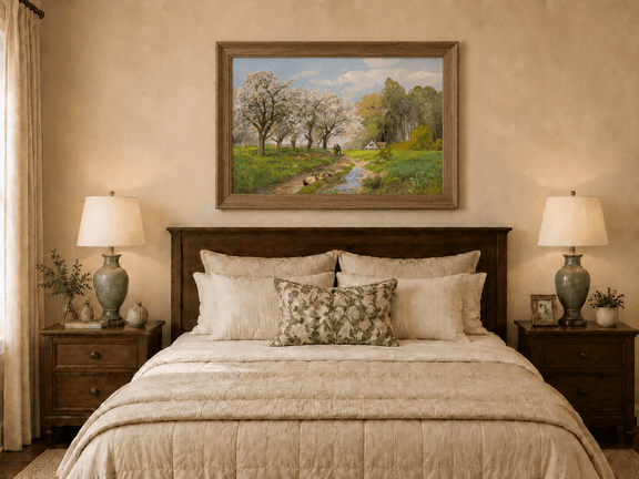 Framed hand-painted blooming orchard oil painting with a winding path leading to a cottage displayed above a wooden bed in a neutral bedroom.