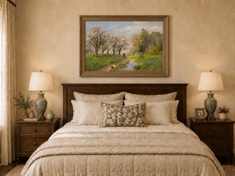 Framed hand-painted blooming orchard oil painting with a winding path leading to a cottage displayed above a wooden bed in a neutral bedroom.