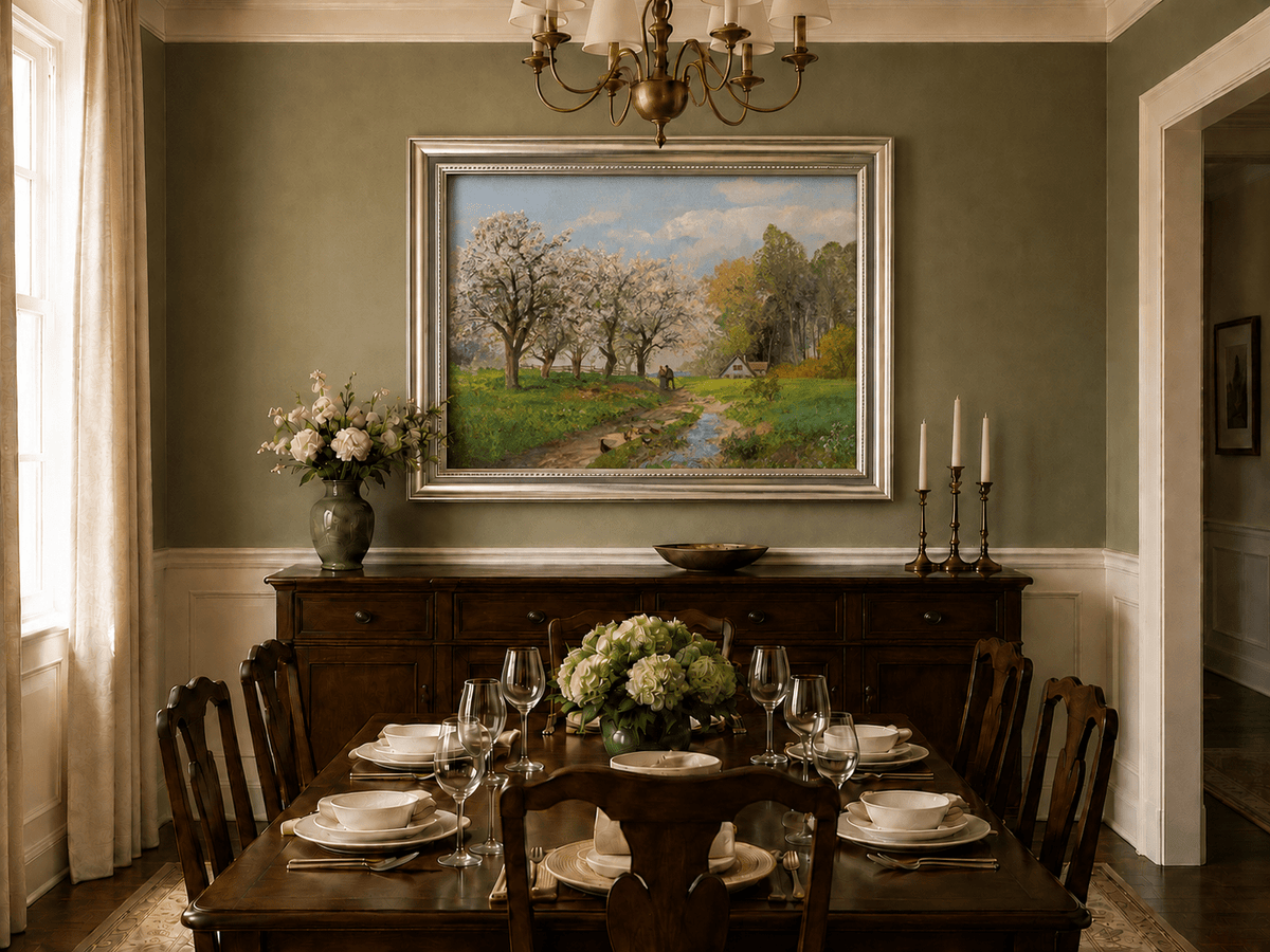 Framed hand-painted blooming orchard oil painting with a winding path leading to a cottage displayed above a formal dining table.