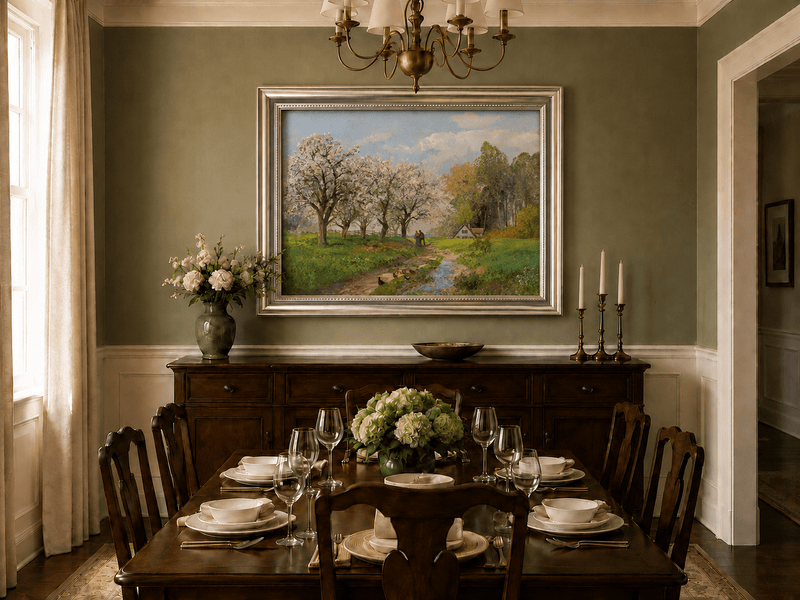 Framed hand-painted blooming orchard oil painting with a winding path leading to a cottage displayed above a formal dining table.