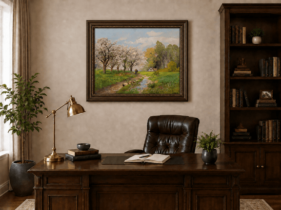Framed hand-painted blooming orchard oil painting with a winding path leading to a cottage displayed above a traditional home office desk.