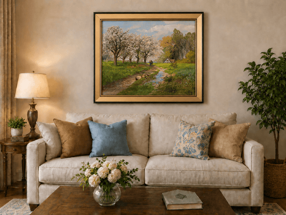 Framed hand-painted blooming orchard oil painting with a winding path leading to a cottage displayed above a neutral living room sofa.