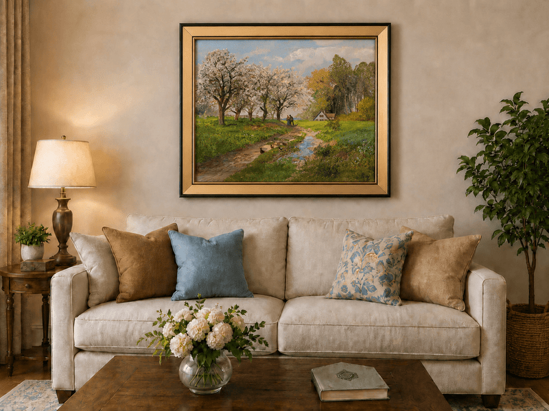 Framed hand-painted blooming orchard oil painting with a winding path leading to a cottage displayed above a neutral living room sofa.