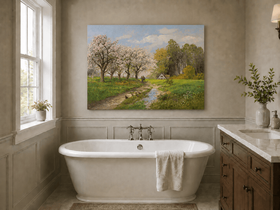 Unframed hand-painted blooming orchard oil painting with a winding path leading to a cottage displayed above a freestanding bathtub.