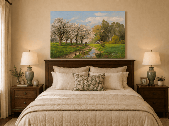 Unframed hand-painted blooming orchard oil painting with a winding path leading to a cottage displayed above a wooden bed in a neutral bedroom.
