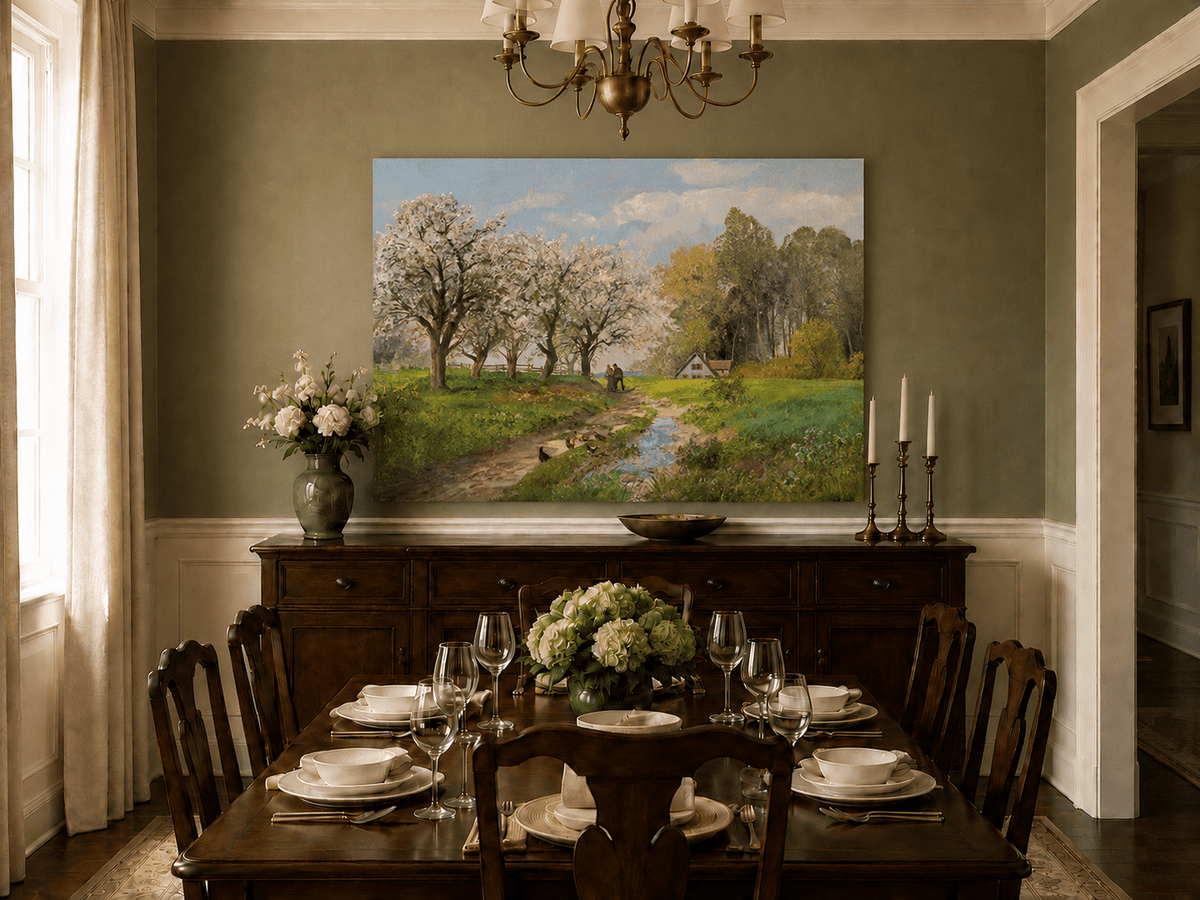 Unframed hand-painted blooming orchard oil painting with a winding path leading to a cottage displayed above a formal dining table.