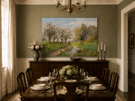 Unframed hand-painted blooming orchard oil painting with a winding path leading to a cottage displayed above a formal dining table.