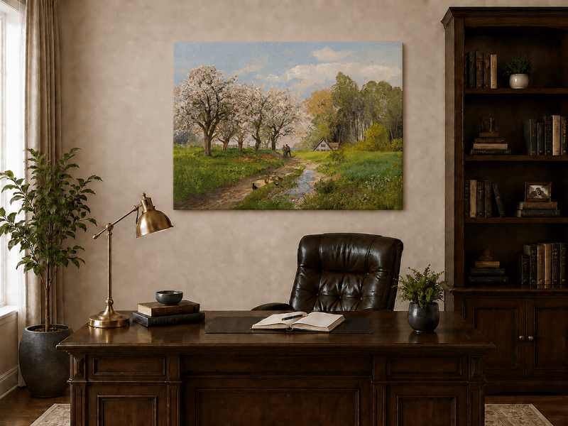 Unframed hand-painted blooming orchard oil painting with a winding path leading to a cottage displayed above a traditional home office desk.